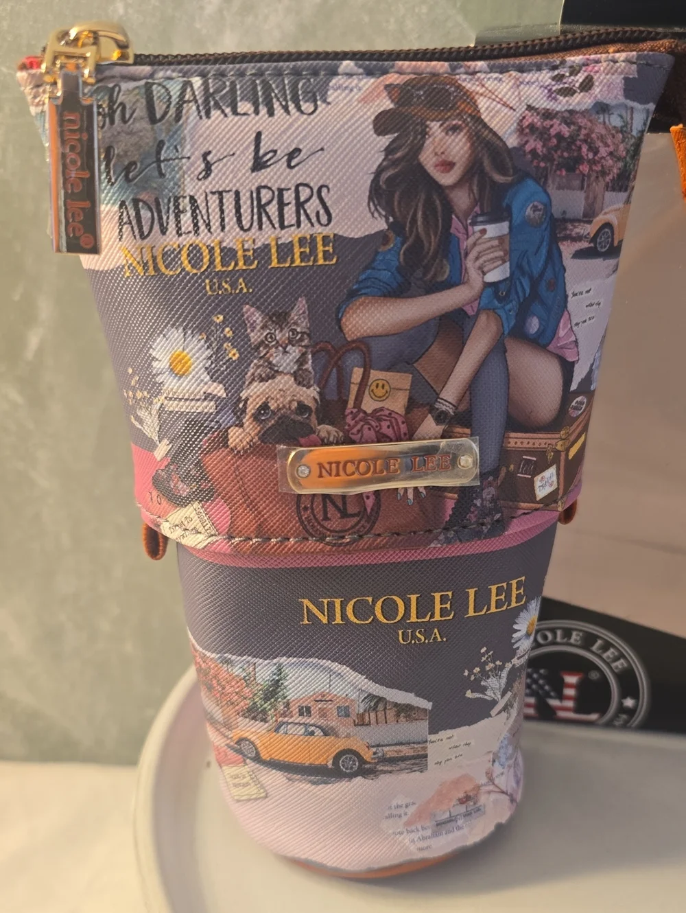 Nicole Lee Standing Cosmetic Makeup Pouch, Slides Down For Easier Access New